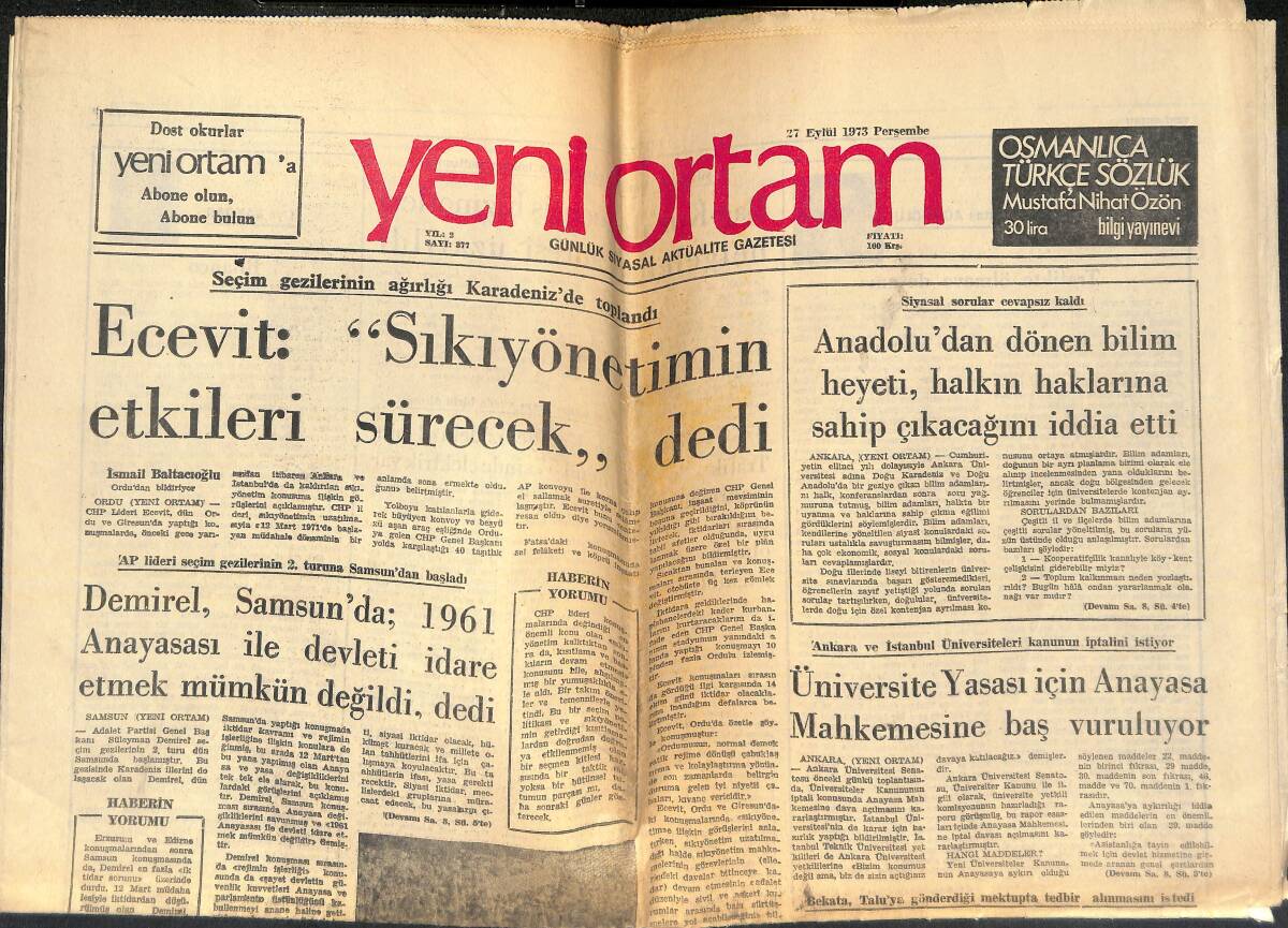 Yeni Ortam Gazetesi 27 Eylül 1973 - Üniversite Yasası İçin Anayasa Mahkemesine Başvuruluyor! - Sağlık Bakanlığı Müsteşarı: Türkiye'de Kolera Yok! GZ138478 - 1