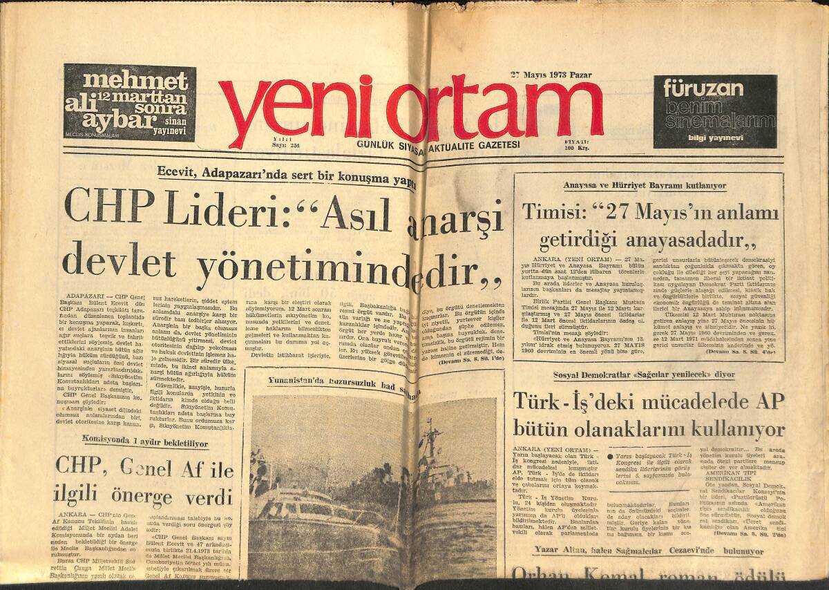 Yeni Ortam Gazetesi 27 Mayıs 1973 - CHP Lideri : Asıl Anarşi Devlet Yönetimindedir - Orhan Kemal Roman Ödülü Bu Yıl Çetin Altan'a Verildi! GZ138499 - 1