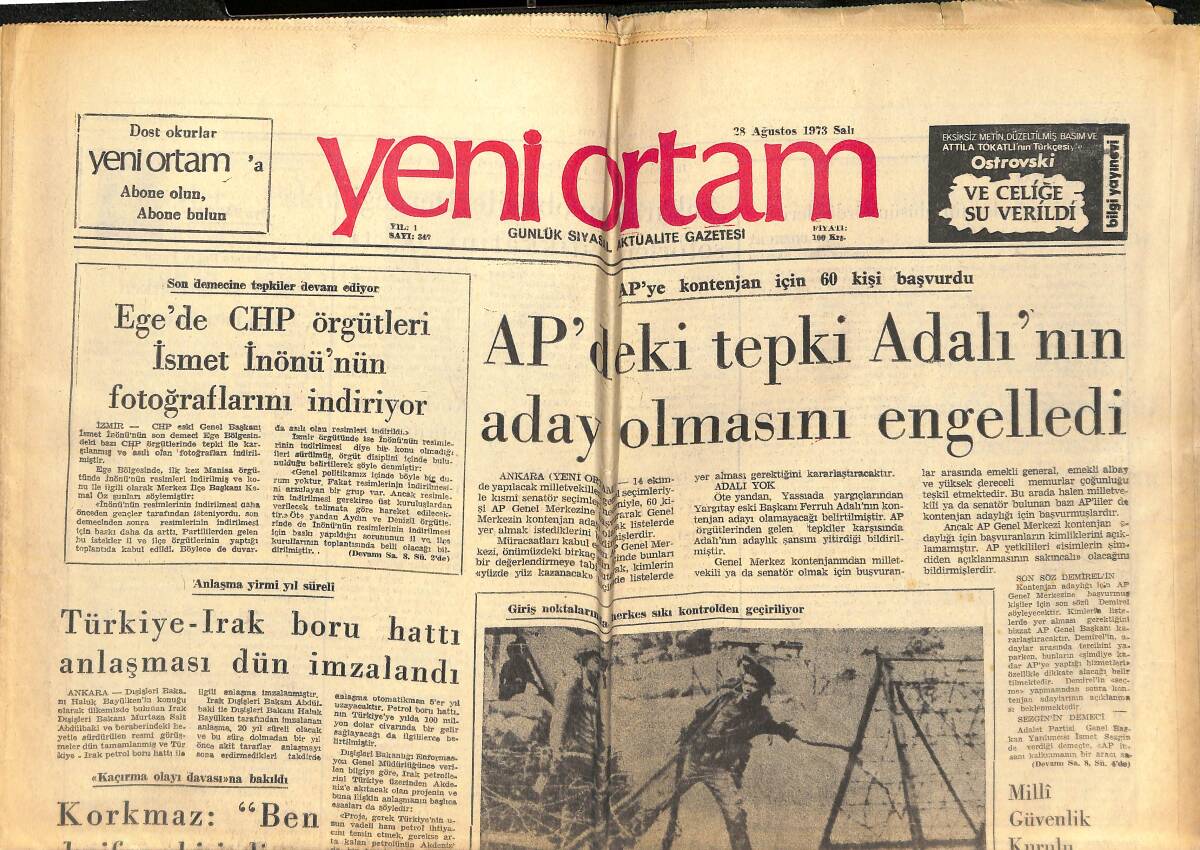 Yeni Ortam Gazetesi 28 Ağustos 1973 - AP'DEKİ Tepki Adalı'nın Aday Olmasını Engelledi - Kar Eden Anadolu Bankasını İstanbul Bankası Devralıyor! GZ138479 - 1