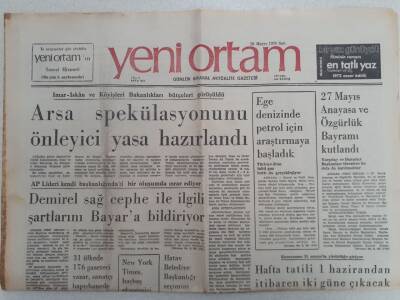 Yeni Ortam Gazetesi - 28 Mayıs 1974 - Arsa Spekülasyonu Önleyici Yasa GZ112337 - 1