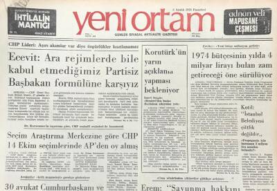 Yeni Ortam Gazetesi 3 Aralık 1973 -Ecevit Ara Rejimlerde Bile Kabul Etmediğimiz Partisiz Başbakan Formülüne Karşıyız GZ39449 - 1