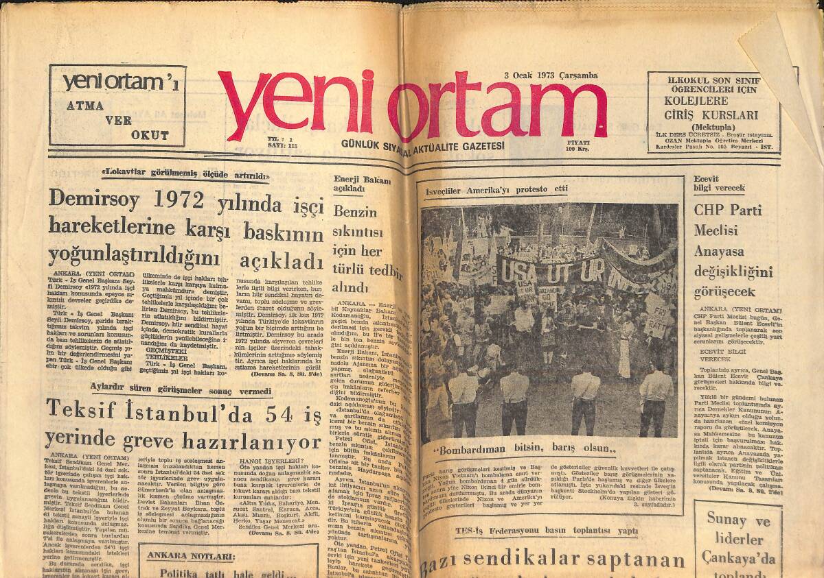 Yeni Ortam Gazetesi 3 Ocak 1973 - Millet Meclisi 1973 Yılına 382 Maddelik Gündemle Girdi - Yurt Dışına Gidecek İşçiler Temel Eğitimden Geçirilecek! GZ138480 - 1