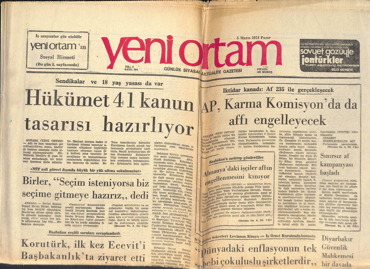Yeni Ortam Gazetesi 5 Mayıs 1974 - Hükümet 41 Kanun Tasarısı Hazırlıyor - Mühendisler Hükümeti Destekliyor! GZ138481 - 1