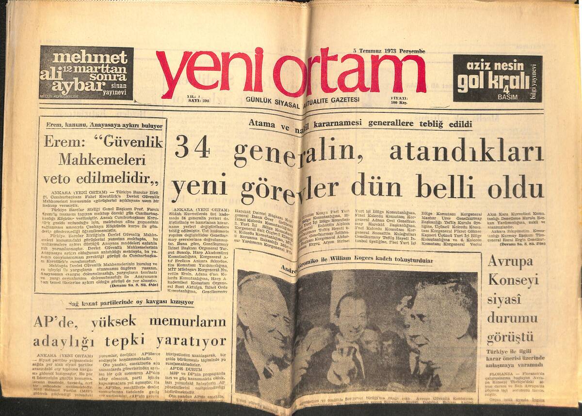 Yeni Ortam Gazetesi 5 Temmuz 1973 - Bomba Olayları Davasında Bir Sanık Talat Turan'ı Suçladı - Korutürk'ün Gezisi Devam Ediyor! GZ138646 - 1