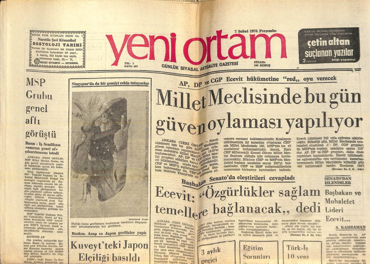 Yeni Ortam Gazetesi 7 Şubat 1974 - Millet Meclisinde Bugün Güven Oylaması Yapılıyor! - Hikmet Kıvılcımlı İşçi Kesimi Davasında Tutuklu Kalmadı! GZ138465 - 1