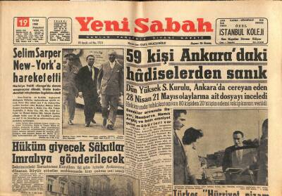 Yeni Sabah 19 Eylül 1960 - 59 Kişi Ankaradaki Hadiselerden Sanık. - Zorlu Ve Sarol Birçok Şirketten Hisse Almış. GZ123717 - 1