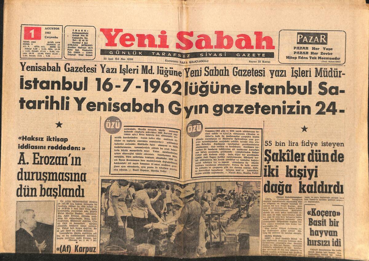 Yeni Sabah Gazetesi 1 Ağustos 1962 - Sophia Loren - Can, Fiorentina İle Mahkemelik Oluyor GZ148861 - 1
