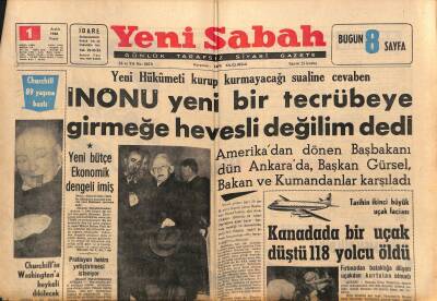 Yeni Sabah Gazetesi 1 Aralık 1963 - Kanadada Bir Uçak Düştü 118 Yolcu Öldü - Adana Cezaevinde Yılın 18. Nikâhı Dün Kıyıldı GZ123873 - 1