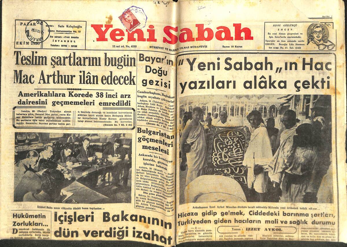 Yeni Sabah Gazetesi 1 Ekim 1950 - Teslim Şartlarını Bugün Mac Arthur İlan Edecek - Pin-Up Girls'ler Gözden Düştü - Lana Turner'in Fikirleri GZ142305 - 1