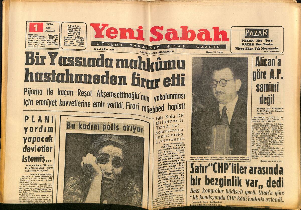 Yeni Sabah Gazetesi 1 Ekim 1962 - Yemen'de Bir Prens Daha İdam Edildi - Bir Yassıada Mahkumu Hastaneden Firar Etti GZ148263 - 1
