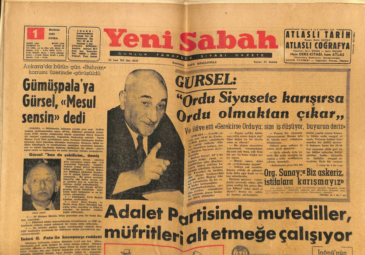 Yeni Sabah Gazetesi 1 Haziran 1962 - İnönü, Gümüşpala İle Konuşmayı Reddetti - İnönü'nün İstifası, Geniş Tepkiler Yarattı GZ148475 - 1
