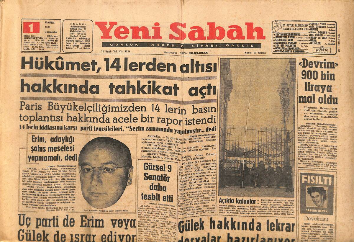 Yeni Sabah Gazetesi 1 Kasım 1961 - Kızılay Maden Suları İçin Tahkikat Açıldı - Aziz Nesin , İhsan Ada Beraet Etti GZ148395 - 1