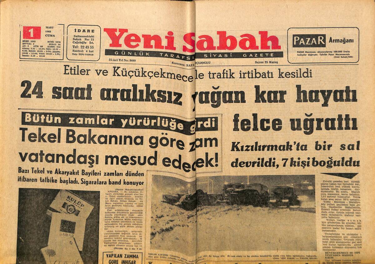 Yeni Sabah Gazetesi 1 Mart 1963 - Tekel Bakanına Göre Zam Vatandaşı Mesud Edecek ! GZ148350 - 1