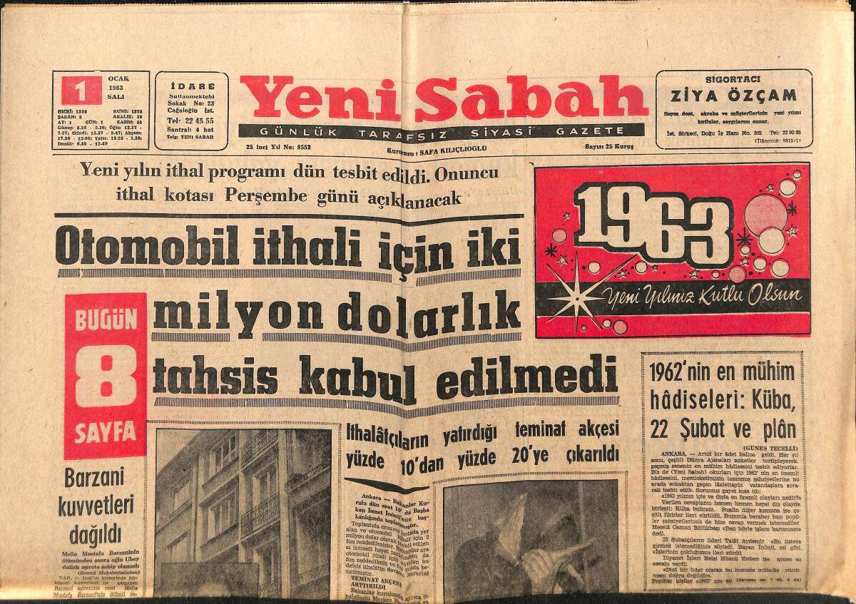 Yeni Sabah Gazetesi 1 Ocak 1963 - Filiz Akın - Barzani Kuvvetleri Dağıldı - Nallıhan Adliyesi Soyulmak İstendi GZ148857 - 1