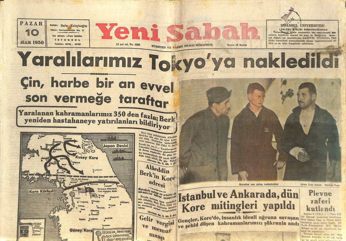 Yeni Sabah Gazetesi 10 Aralık 1950 - Yaralılarımız Tokyo'ya Nakledildi - İstanbul Ve Ankara'da Dün Kore Mitingleri Yapıldı GZ146762 - 1