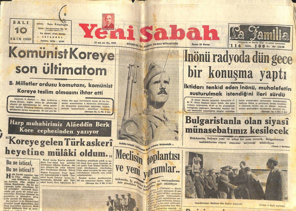 Yeni Sabah Gazetesi 10 Ekim 1950 - Komünist Kore'ye Son Ültimatom - İnönü Radyoda Dün Gece Konuşma Yaptı GZ141837 - 1