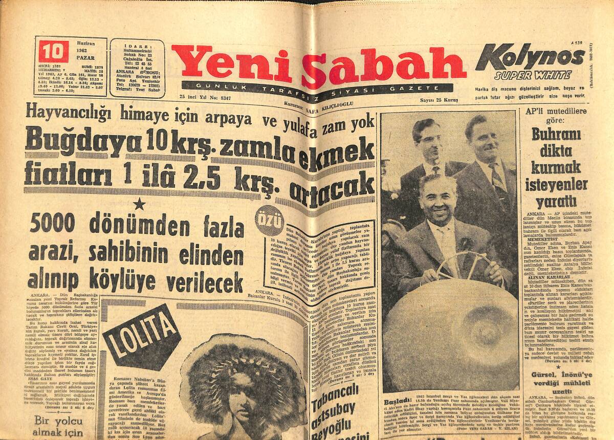 Yeni Sabah Gazetesi 10 Haziran 1962 - Lolita - Pele İyileşiyor - Miami'nin Bir Numaralı Güzeli GZ143101 - 1