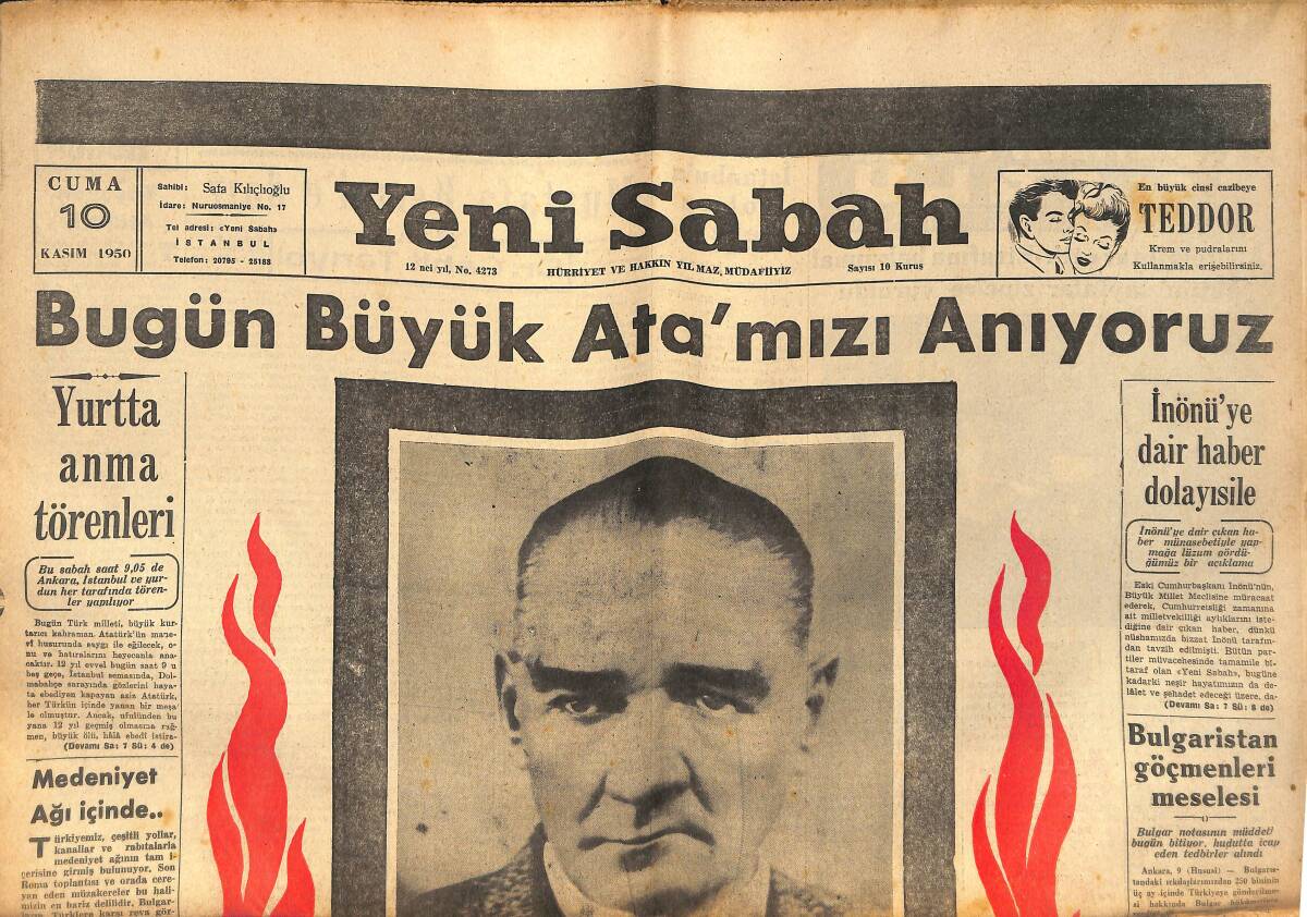 Yeni Sabah Gazetesi 10 Kasım 1950 - Bugün Büyük Atamızı Anıyoruz GZ133332 - 1