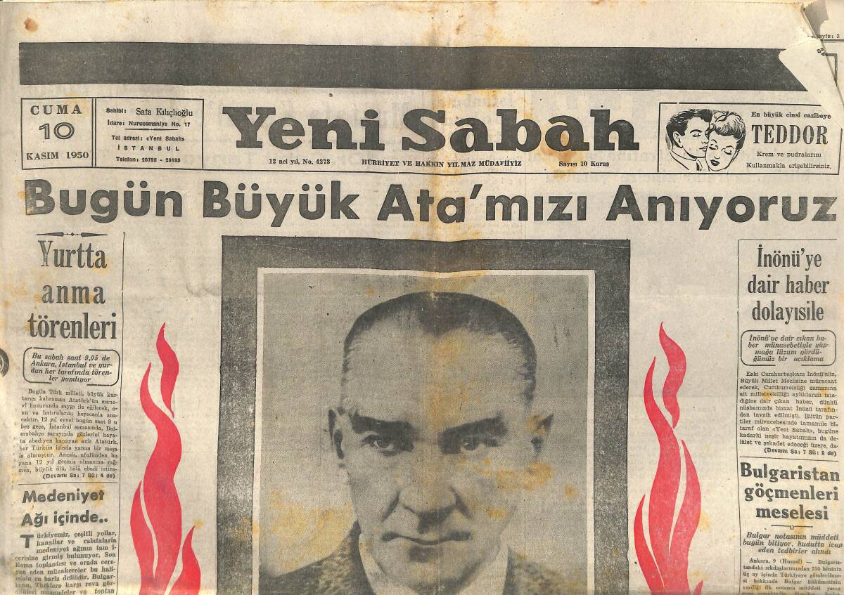 Yeni Sabah Gazetesi 10 Kasım 1950 - Celal Bayar'ın Atatürk'e Dair Dün Geceki Mesajı - Ölümüyle Dünyayı Ağlatan İnsan GZ141248 - 1