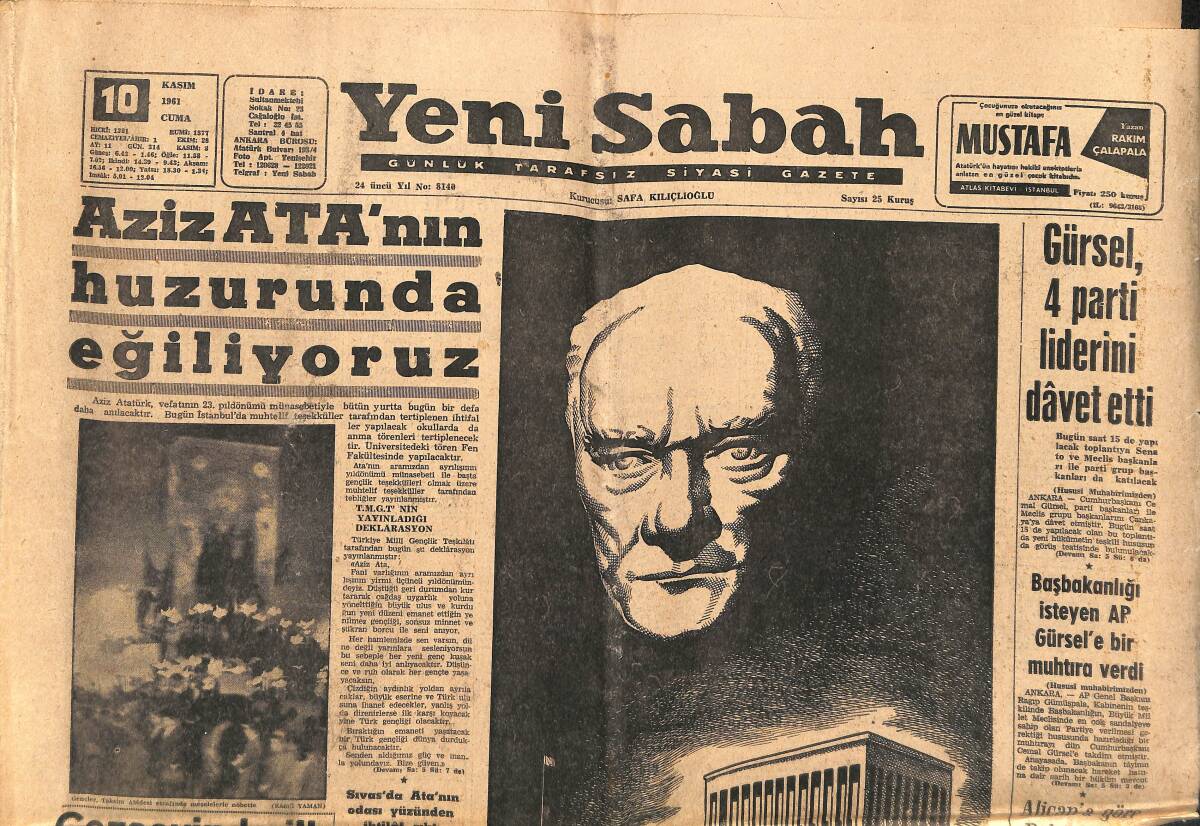 Yeni Sabah Gazetesi 10 Kasım 1961 - AP Ve CKMP Liderleri Dün Akşam Görüştüler - Son Havadis Kapatıldı GZ148389 - 1