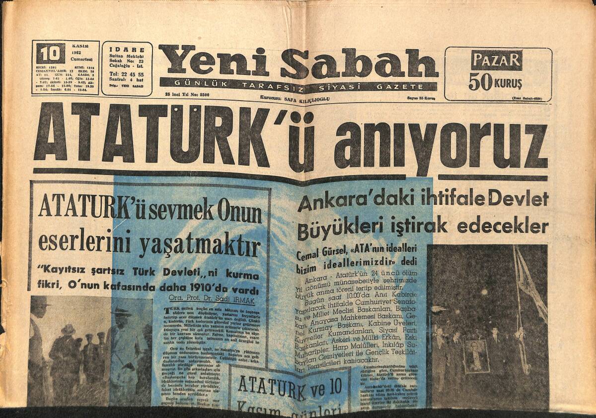 Yeni Sabah Gazetesi 10 Kasım 1962 - Süleymaniye'de 62 Bina Yıktırılacak - Gençlik Ata İçin Nöbette GZ148863 - 1