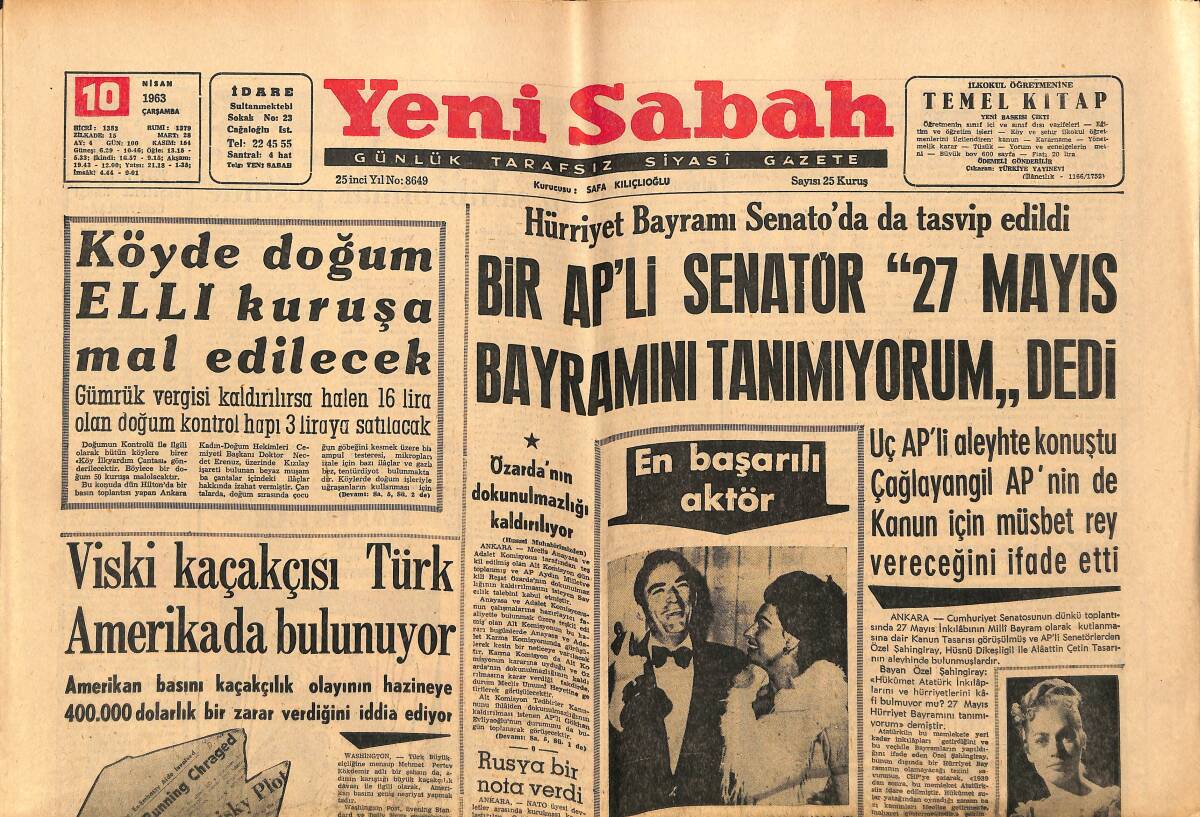 Yeni Sabah Gazetesi 10 Nisan 1963 - Anita Ekberg Yine Evlendi - Sunay , Teftişler Yapıyor GZ148687 - 1