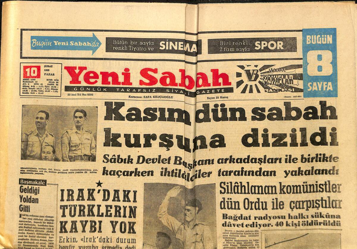Yeni Sabah Gazetesi 10 Şubat 1963 - Erol Taş Rekor Kırdı - Irak'taki Türklerin Kaybı Yok GZ148343 - 1