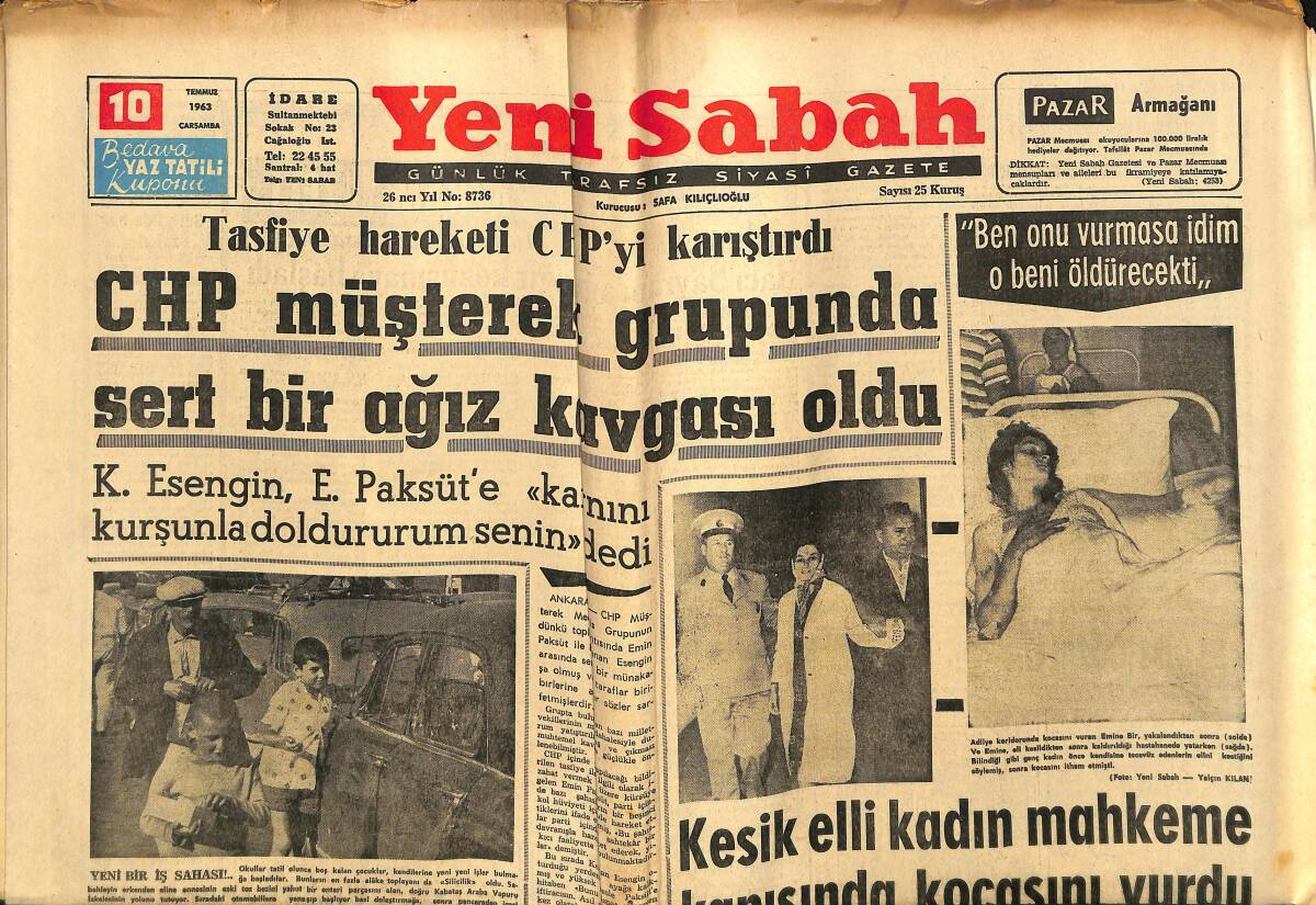 Yeni Sabah Gazetesi 10 Temmuz 1963 - Zorla Evlendirilen Kızlara Birleşik Milletler Yardım Edecek - Metin Oktay Ve Turgay Fenerbahçe Maçında Kupalarla GZ148513 - 1