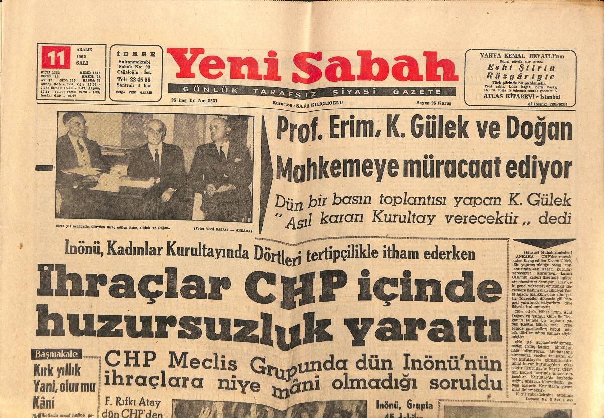 Yeni Sabah Gazetesi 11 Aralık 1962 - Hakkari Valisi Açıkladı : Koçero Dün Yakalandı - İhraçlar CHP İçinde Huzursuzluk Yarattı GZ148691 - 1