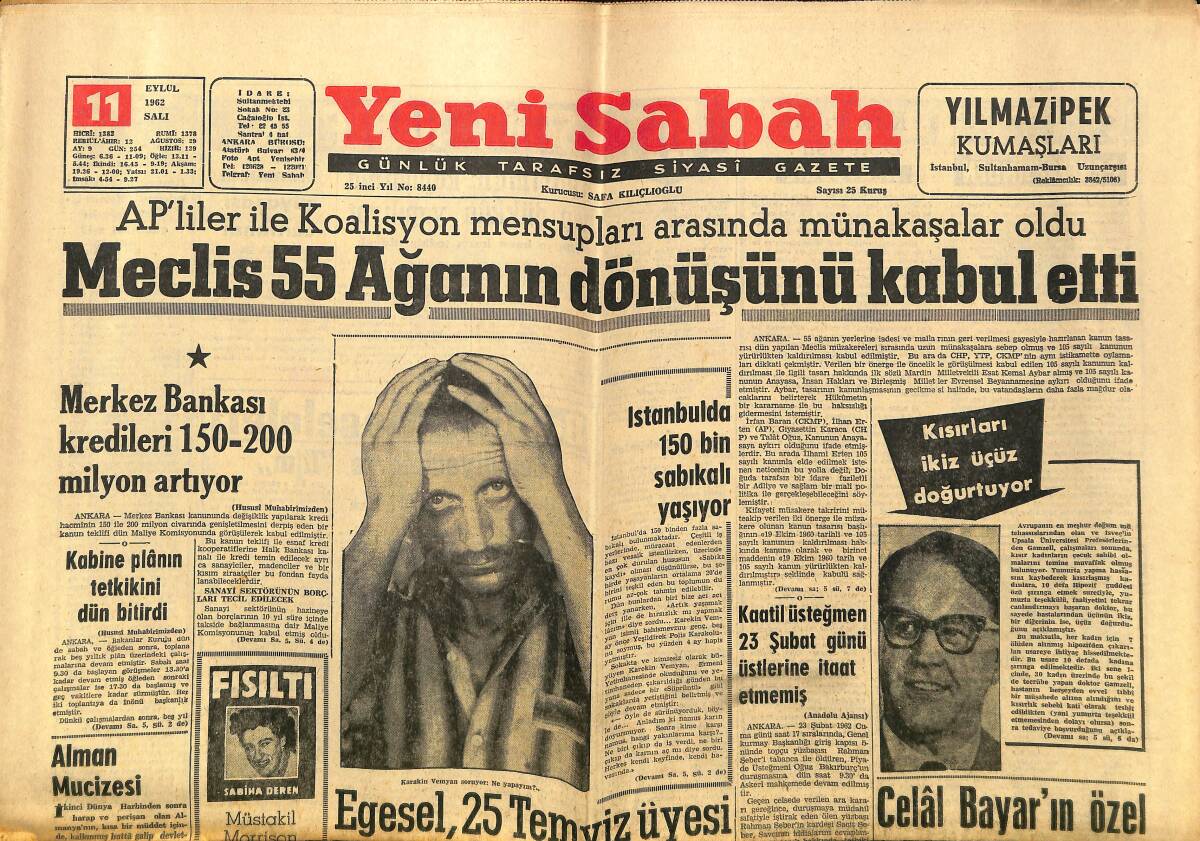 Yeni Sabah Gazetesi 11 Eylül 1962 - Tina, Onassis'i Çoktan Unuttu - Celal Bayar'ın Özel Evrakı İade Edildi GZ148266 - 1
