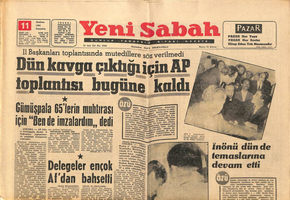 Yeni Sabah Gazetesi 11 Haziran 1962 - Gümüşpala 65'lerin Muhtırası İçin Ben de İmzalardım Dedi GZ148689 - 1