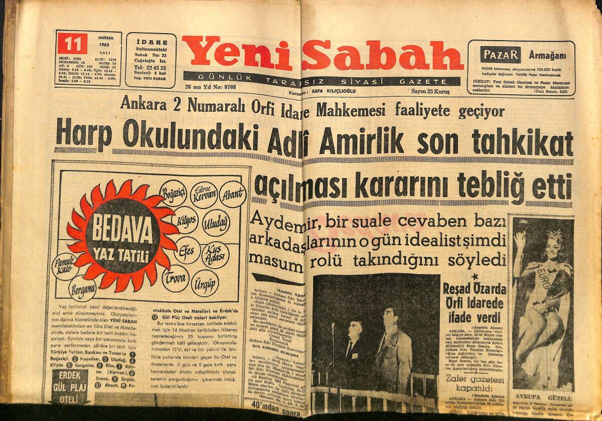 Yeni Sabah Gazetesi 11 Haziran 1963 - Christine Keeler'ı İlk Defa İspanyol Gençleri Korkutmuştu - Zafer Gazetesi Kapatıldı GZ148508 - 1