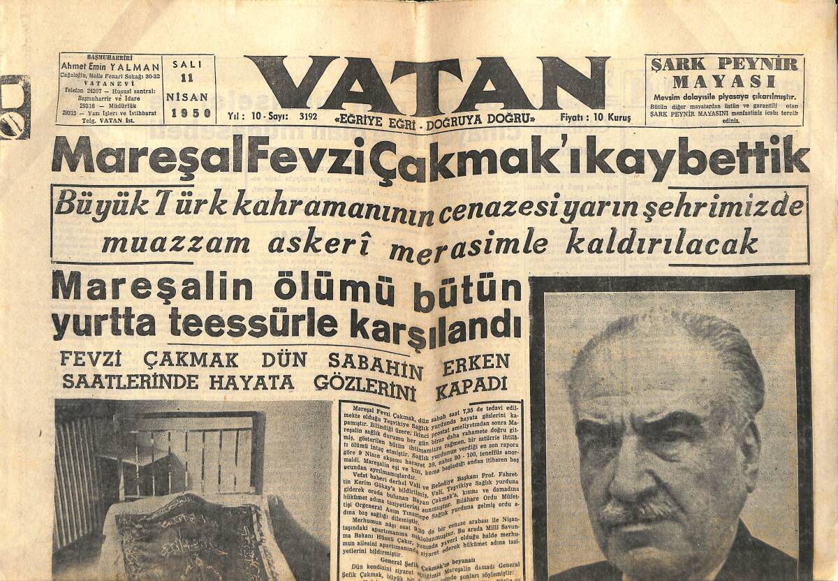 Yeni Sabah Gazetesi 11 Nisan 1950 - Mareşal Fevzi Çakmak'ı Kaybettik - Nazım Hikmet Açlık Grevini Geri Bıraktı GZ141372 - 1