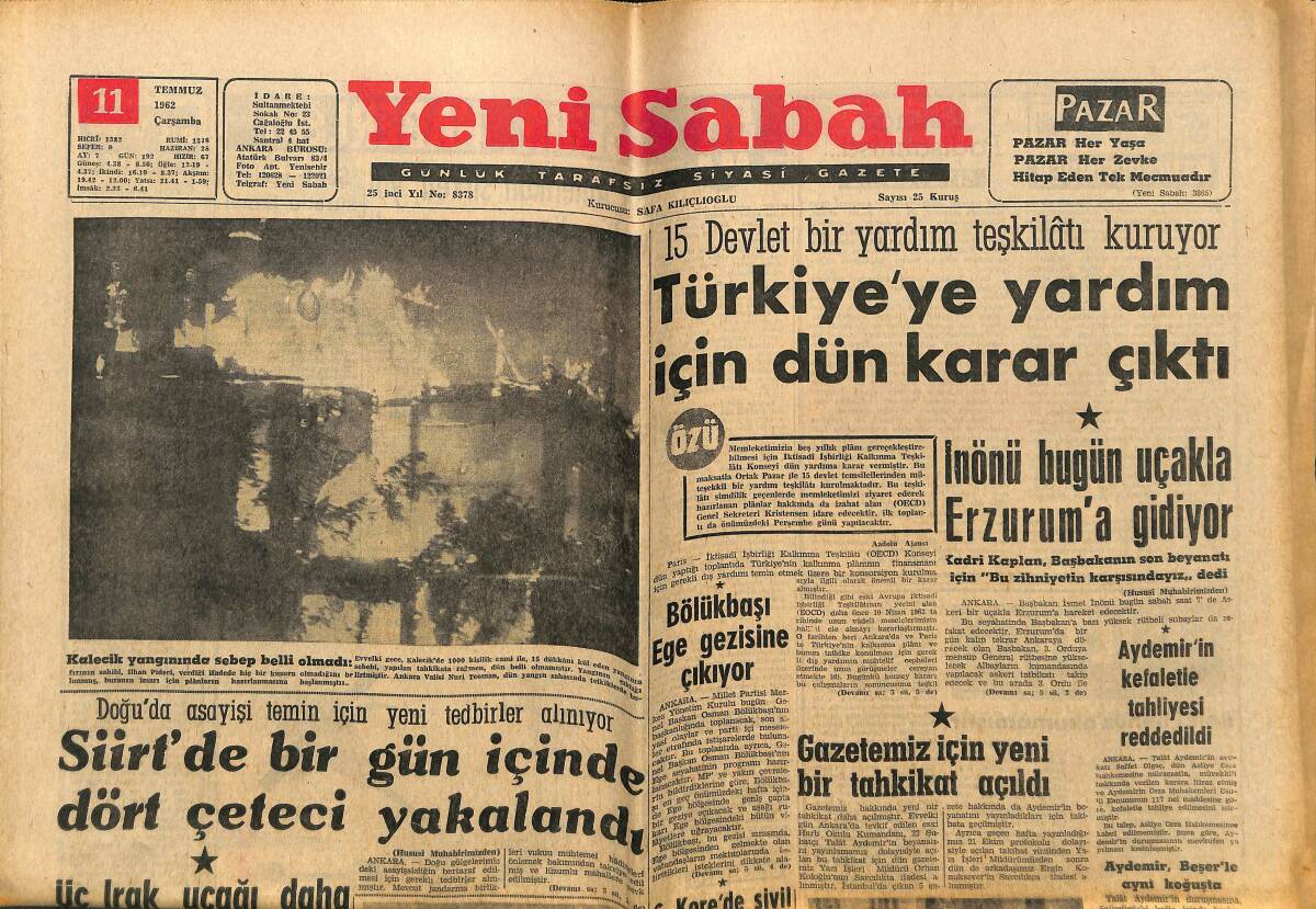 Yeni Sabah Gazetesi 11 Temmuz 1962 - İtalya'da Polisle Çarpışan 1000 Grevci Tevkif Edildi - Gazetemiz İçin Yeni Bir Tahkikat Açıldı GZ148322 - 1