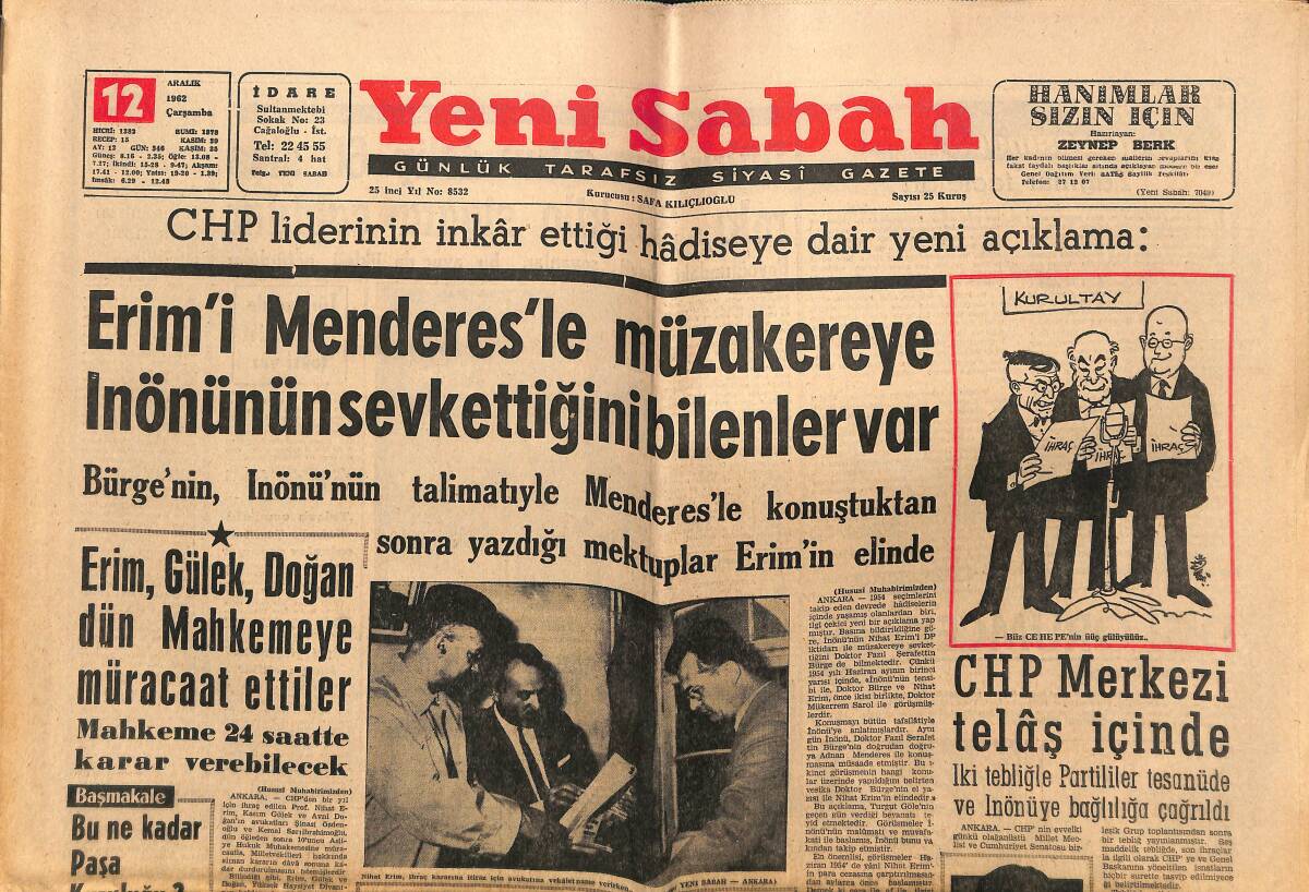 Yeni Sabah Gazetesi 12 Aralık 1962 - Abdülmecit'in Saati Satılıyor - CHP Merkezi Telâş İçinde GZ148693 - 1