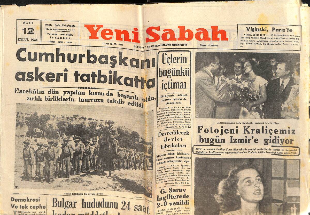 Yeni Sabah Gazetesi 12 Eylül 1950 - Cumhurbaşkanı Askeri Tatbikatta - Galatasaray İngiltere'de 2-0 Yenildi GZ142403 - 1