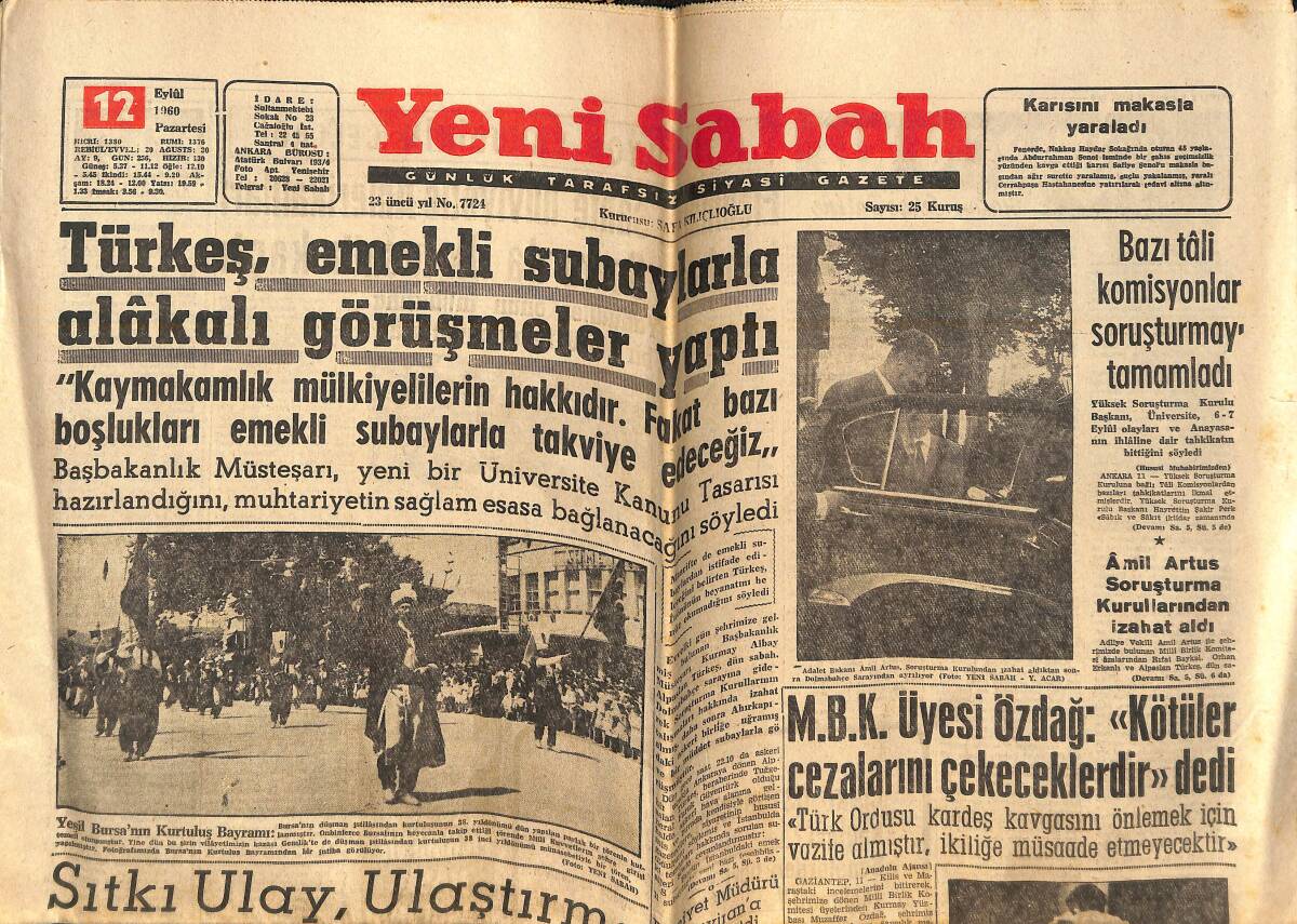 Yeni Sabah Gazetesi 12 Eylül 1960 - Türkeş, Emekli Subaylarla Alakalı Görüşmeler Yaptı - Sıtkı Ulay, Ulaştırma Politikasını İzah Etti GZ141918 - 1