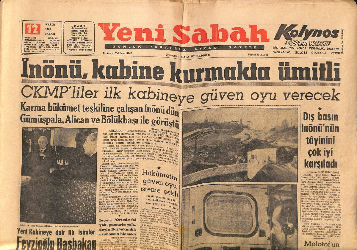 Yeni Sabah Gazetesi 12 Kasım 1961 - İnönü , Kabine Kurmakla Ümitli - Egesel Üçüncü Defa Boşanıyor GZ148387 - 1