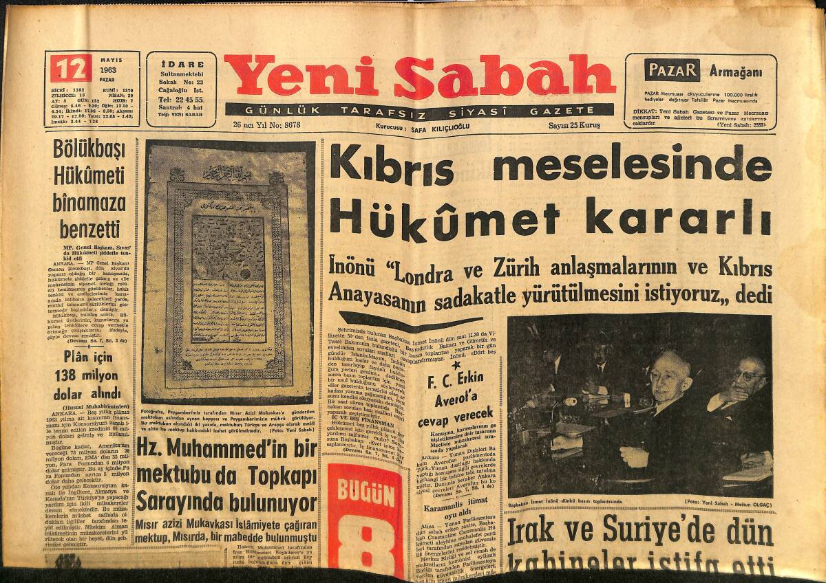 Yeni Sabah Gazetesi 12 Mayıs 1963 - Beşiktaş Mı? Fenerbahçe Mi? Galatasaray Mı? - Kıbrıs Meselesinde Hükümet Kararlı GZ148494 - 1