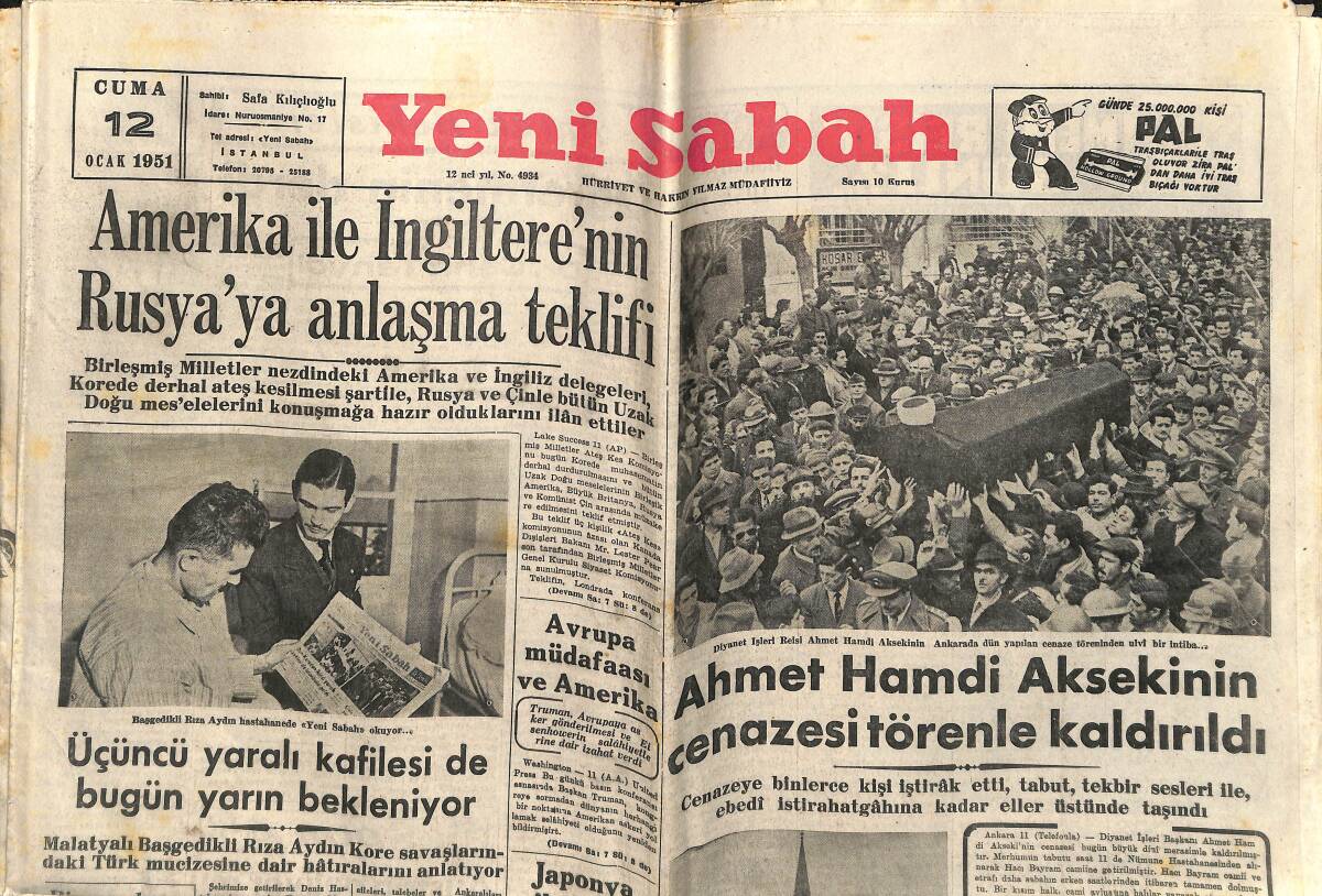 Yeni Sabah Gazetesi 12 Ocak 1951 - Amerika İle İngiltere'nin Rusya'ya Anlaşma Teklifi - Şeriat Cezası - Japonya Barış Andlaşması GZ141252 - 1