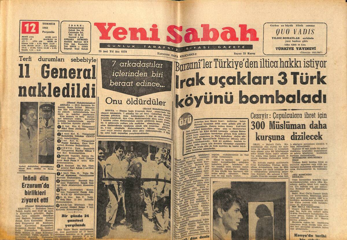 Yeni Sabah Gazetesi 12 Temmuz 1962 - Irak Uçakları 3 Türk Köyünü Bombaladı - Feshane Fabrikasında 59 İşçi Dün Grev Yaptı GZ148359 - 1