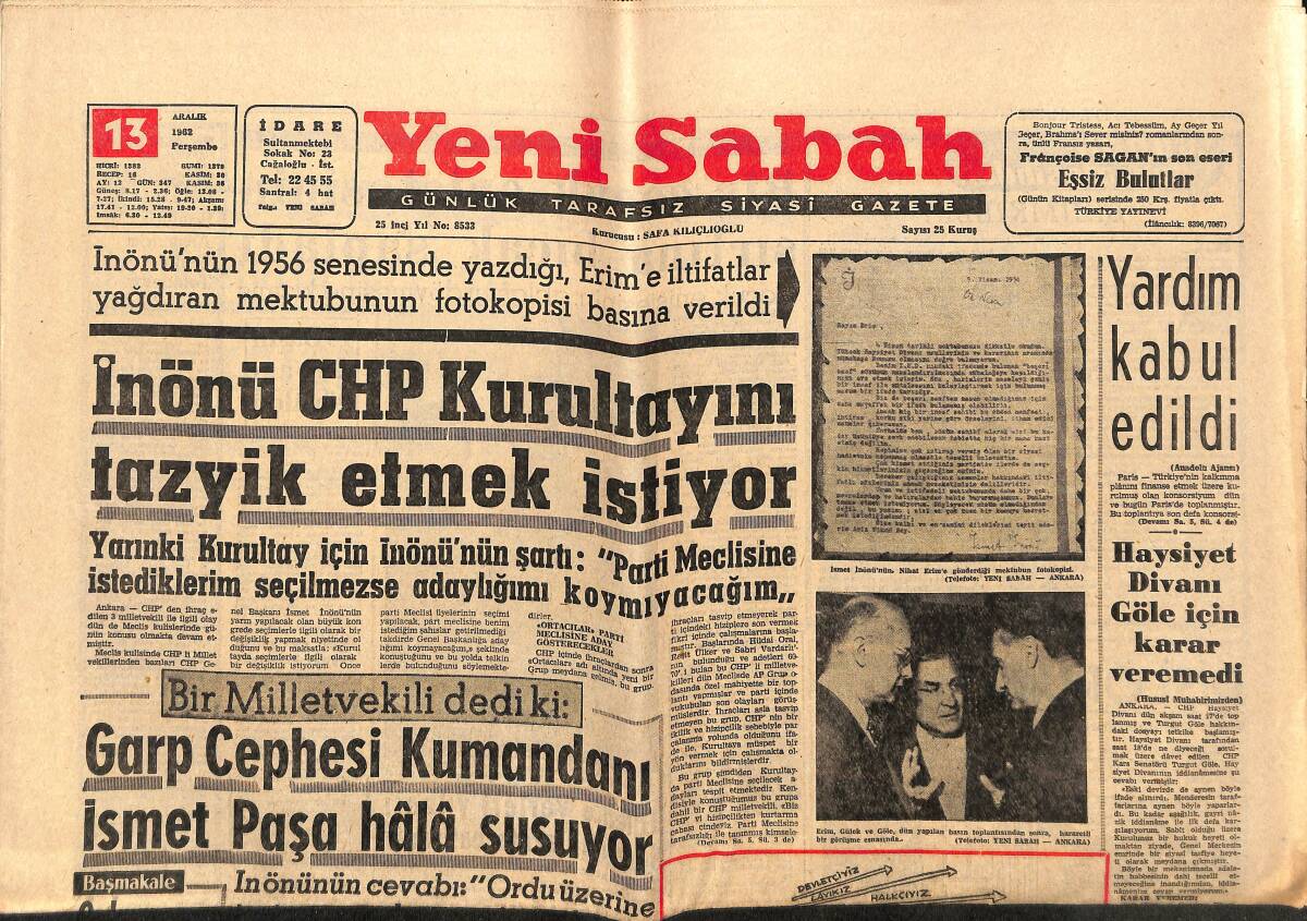 Yeni Sabah Gazetesi 13 Aralık 1962 - İnönü CHP Kurultayını Tazyik Etmek İstiyor - AP Heyeti Gürsel Ve İnönü İle Görüştü GZ148695 - 1