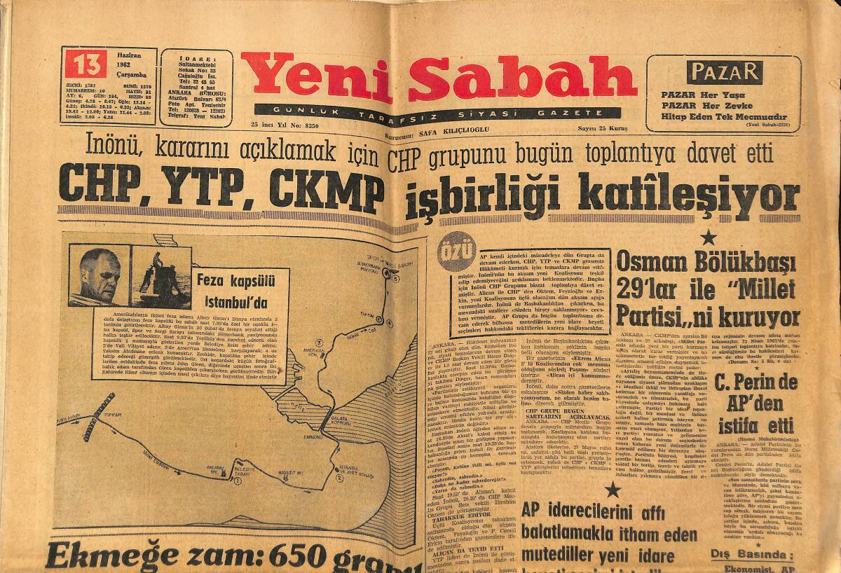 Yeni Sabah Gazetesi 13 Haziran 1962 - Feza Kapsülü İstanbul'da - Dünyanın Dokuz Meşhur Kadınının Benzerlikleri GZ148472 - 1