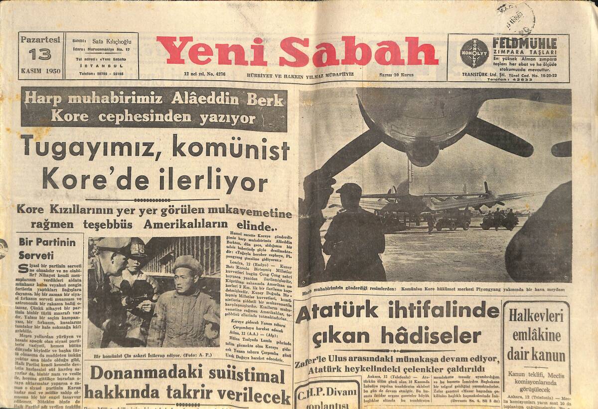 Yeni Sabah Gazetesi 13 Kasım 1950 - Atatürk İhtifalinde Çıkan Hadiseler - Tugayımız, Komünist Kore'de İlerliyor GZ146770 - 1