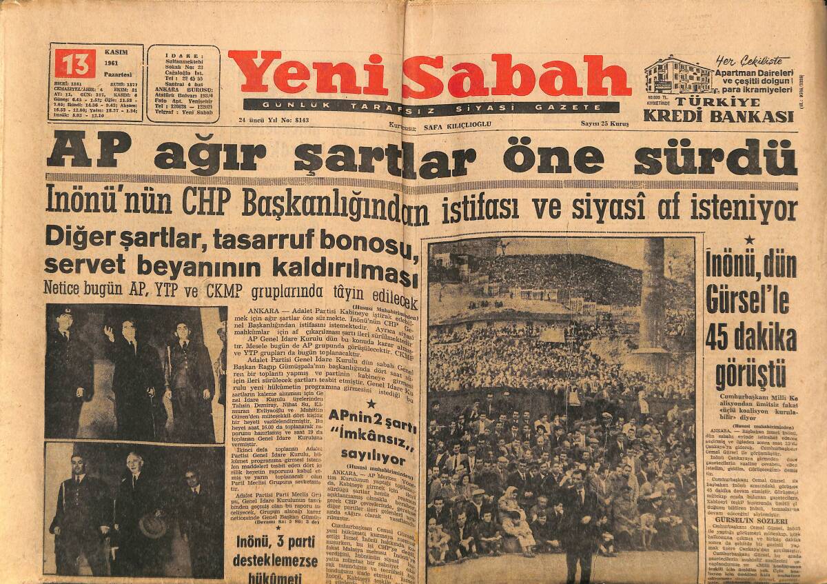 Yeni Sabah Gazetesi 13 Kasım 1961 - AP Ağır Şartlar Öne Sürdü - Selma Berk'in Başarısı GZ148386 - 1