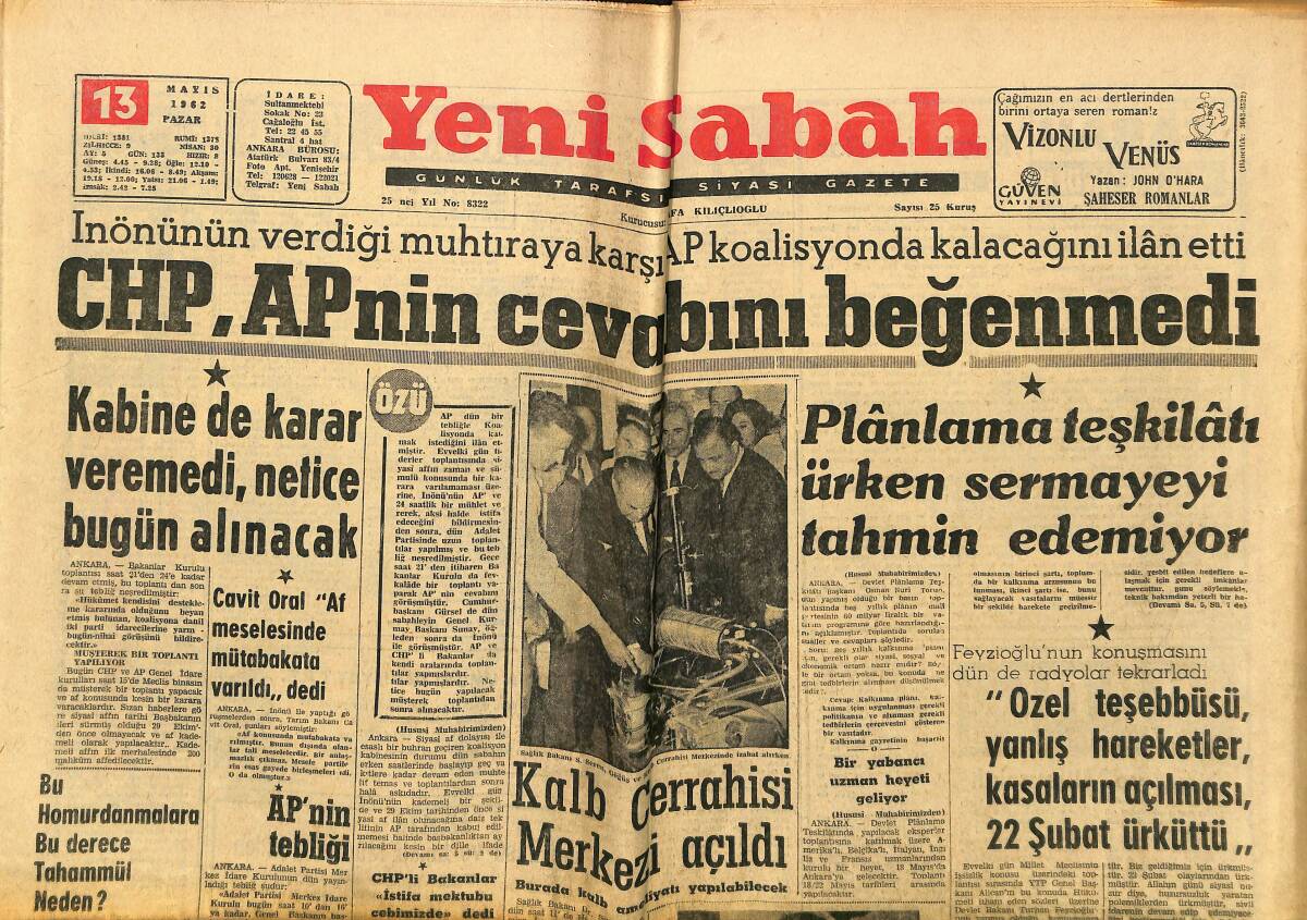 Yeni Sabah Gazetesi 13 Mayıs 1962 - Kalp Cerrahisi Merkezi Açıldı - Muhalefet Sofia'nın Düğününü Boykot Etti GZ148347 - 1