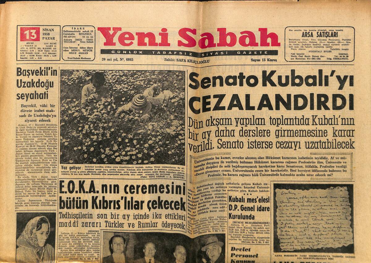 Yeni Sabah Gazetesi 13 Nisan 1958 - Senato Kubalı'yı Cezalandırdı - Başvekil'in Uzakdoğu Seyahati GZ148331 - 1
