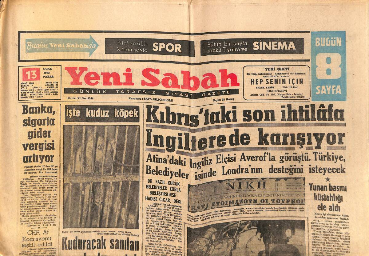 Yeni Sabah Gazetesi 13 Ocak 1963 - Milyoner Futbolcu Pele - Kıbrıs'taki Son İhtilafa İngiltere De Karışıyor GZ148856 - 1