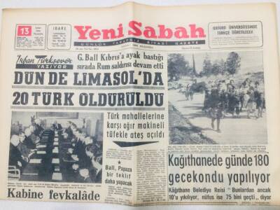 Yeni Sabah Gazetesi 13 Şubat 1964 - Limasolda 20 Türk Öldürüldü GZ53369 - 1