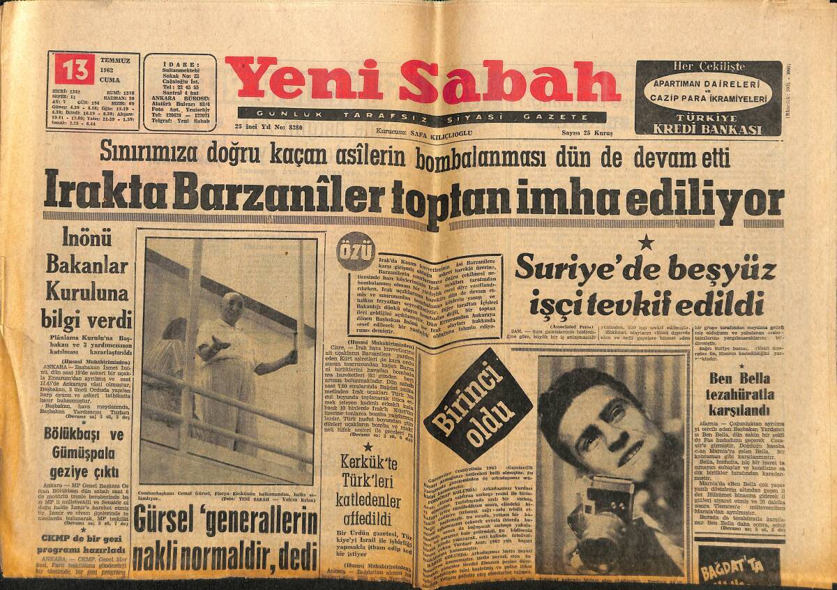 Yeni Sabah Gazetesi 13 Temmuz 1962 - Irakta Barzaniler Toptan İmha Ediliyor - Churchill , Şimdi de Bronşit Oldu GZ148360 - 1